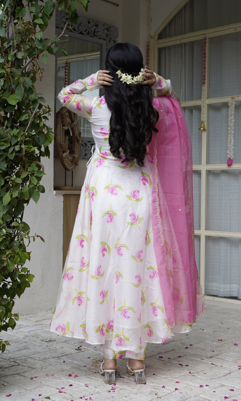 ROSETTE White Floral Angrakha Anarkali Set