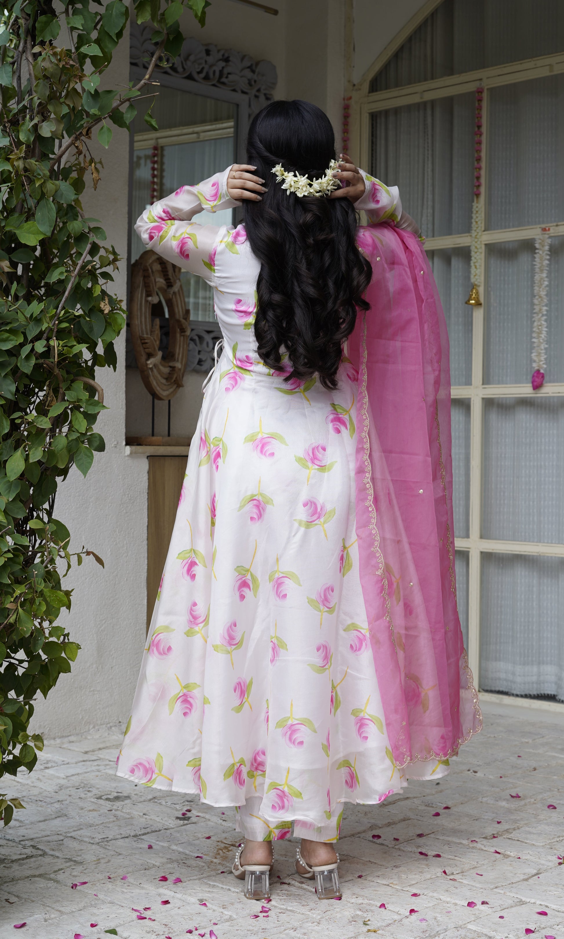 ROSETTE White Floral Angrakha Anarkali Set