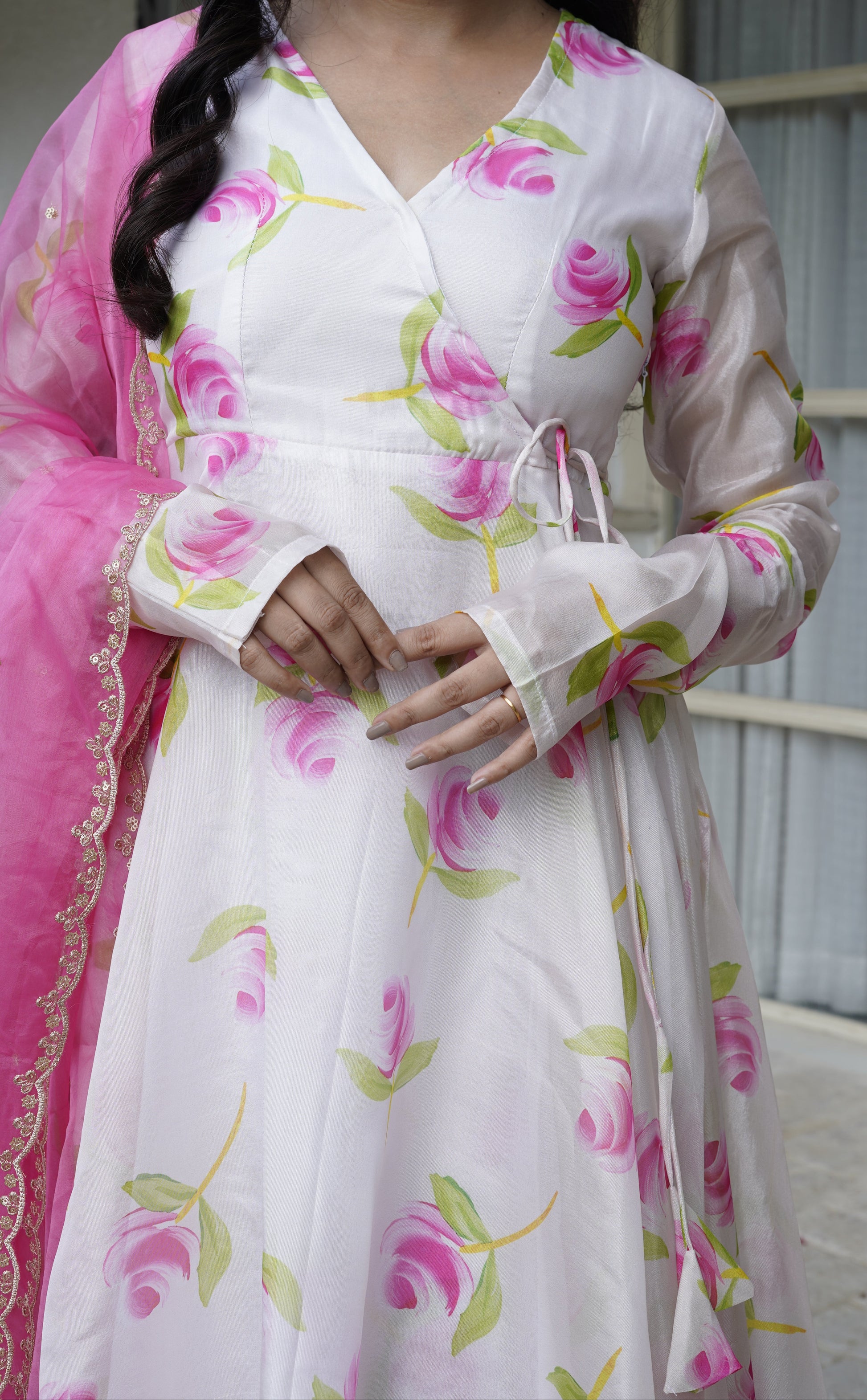 ROSETTE White Floral Angrakha Anarkali Set