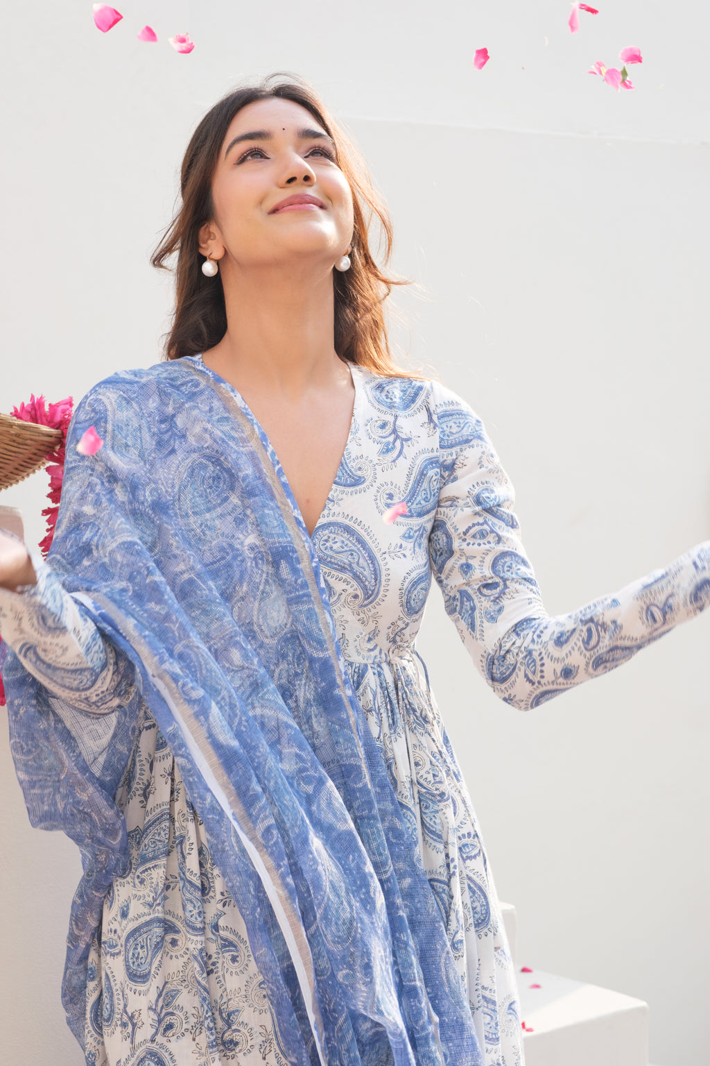 JHAROKHA Blue-White Angarakha Kurta Set