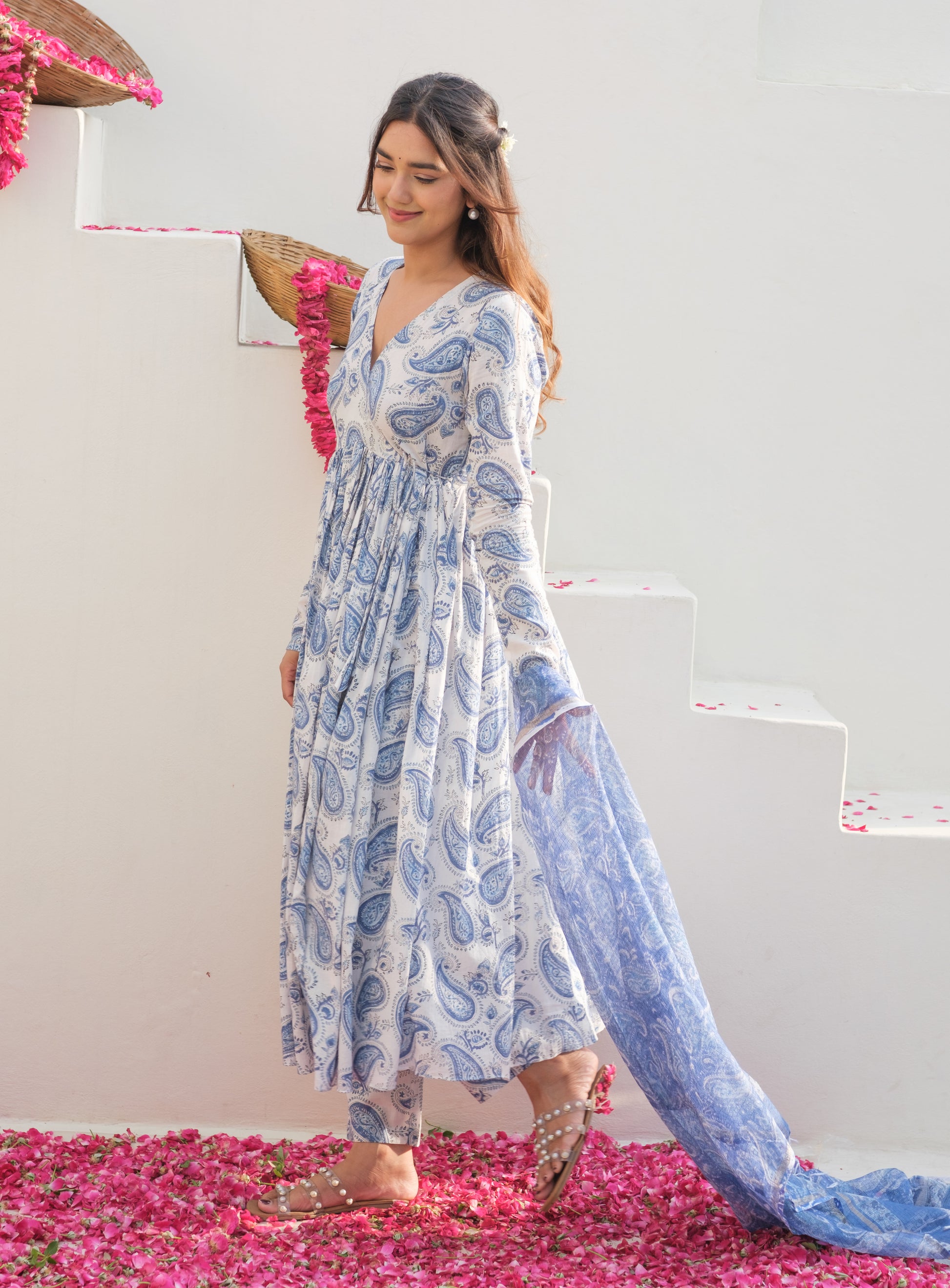 JHAROKHA Blue-White Angarakha Kurta Set