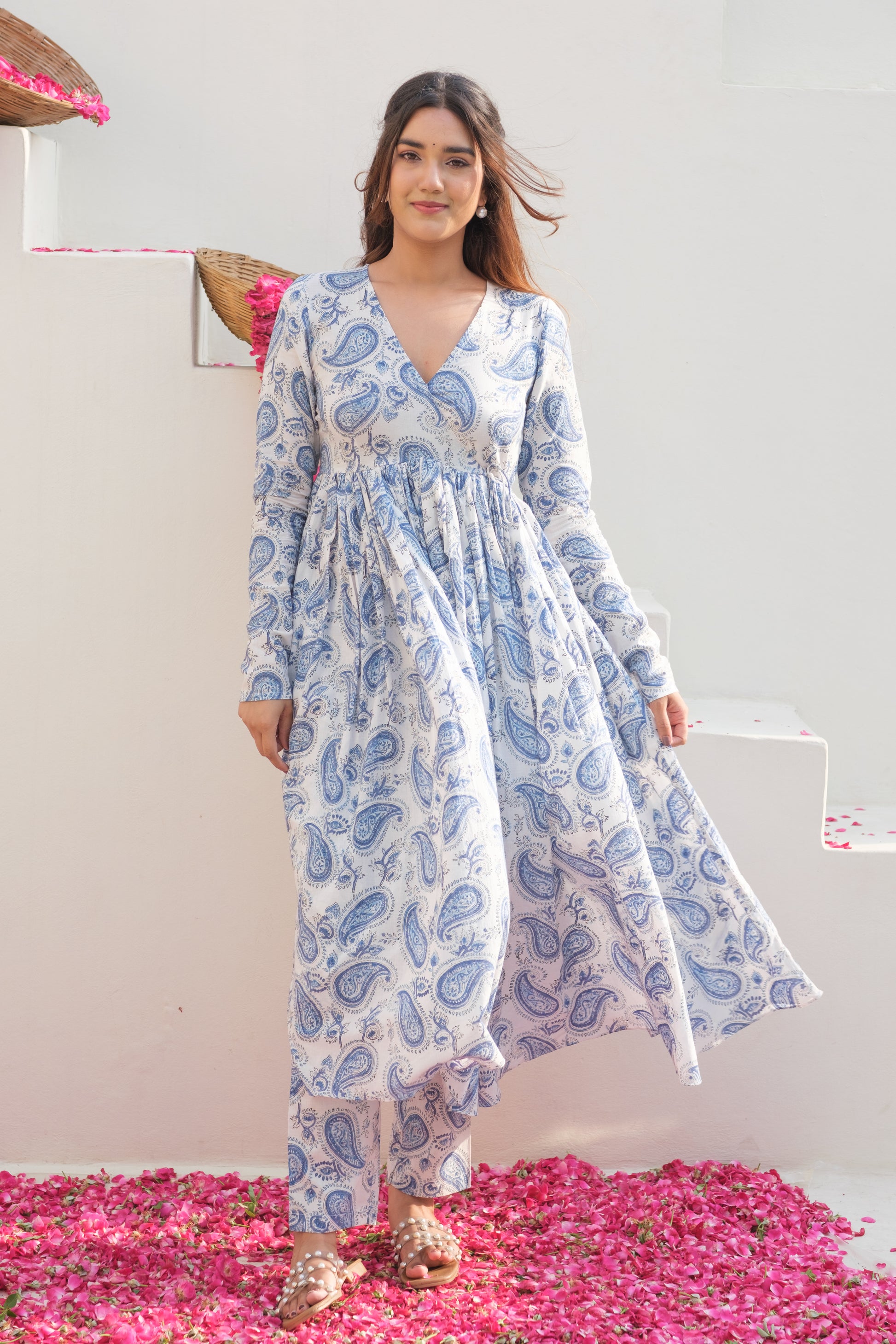 JHAROKHA Blue-White Angarakha Kurta Set