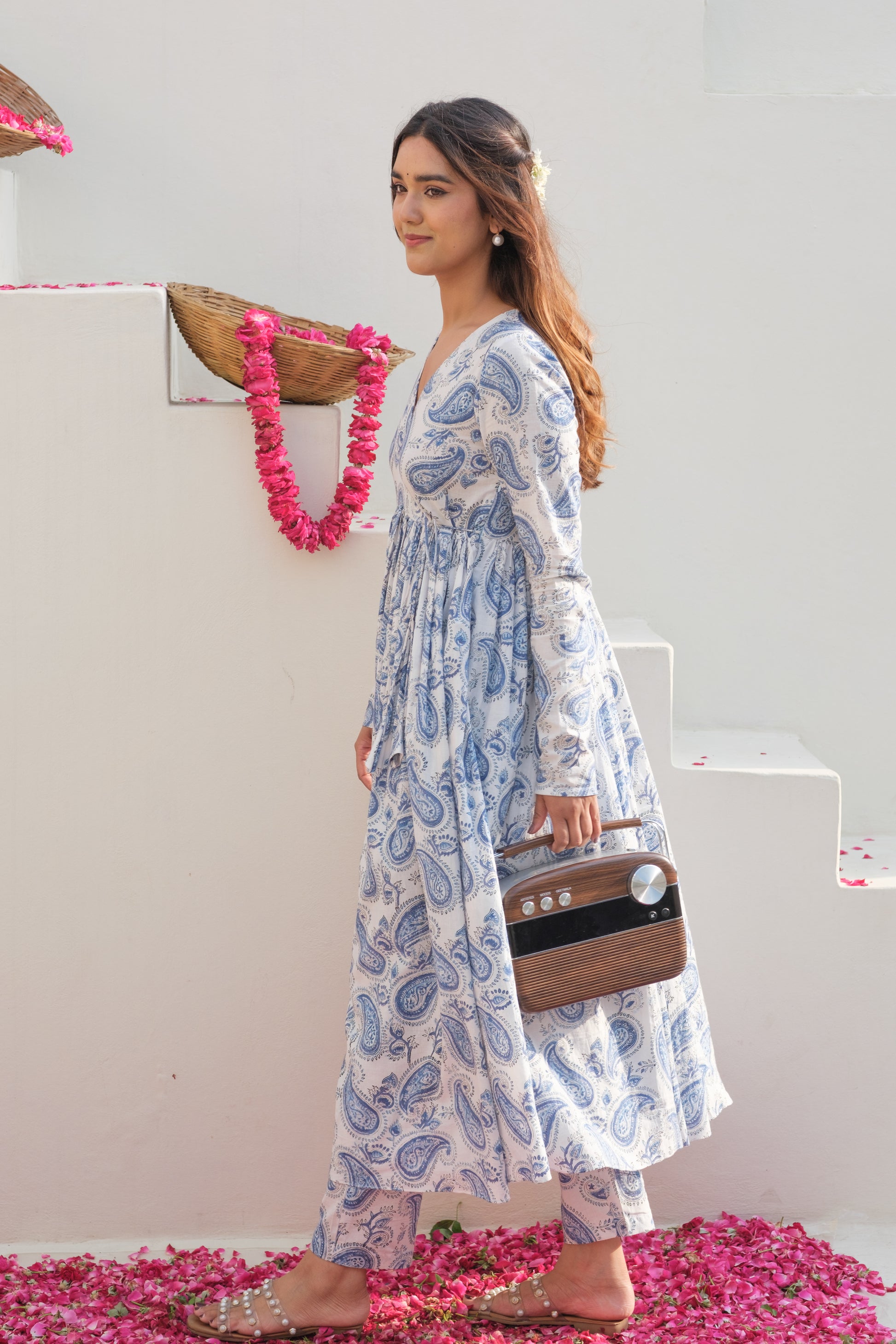 JHAROKHA Blue-White Angarakha Kurta Set
