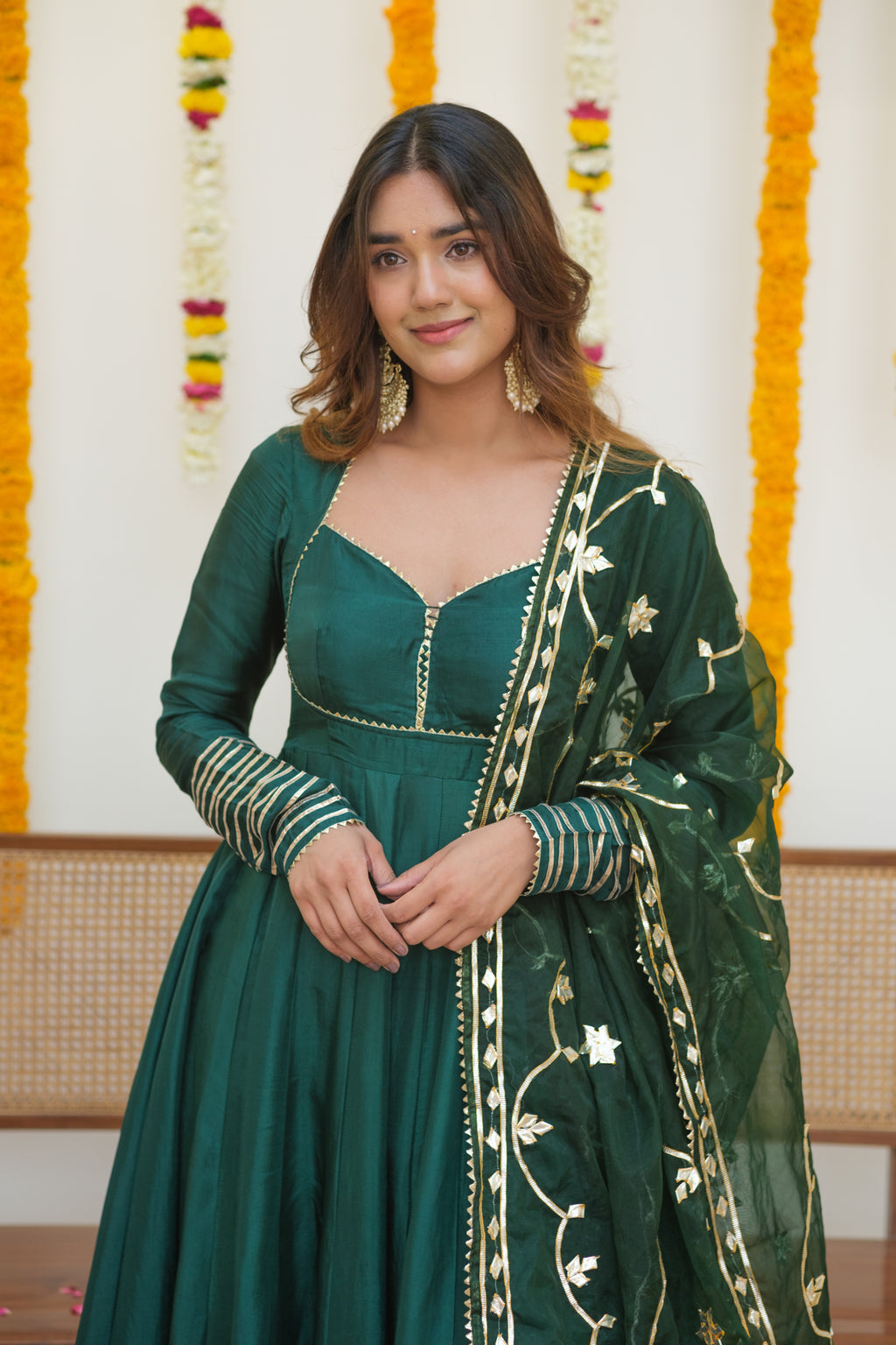 JODHAANI Green Silk Anarkali Set
