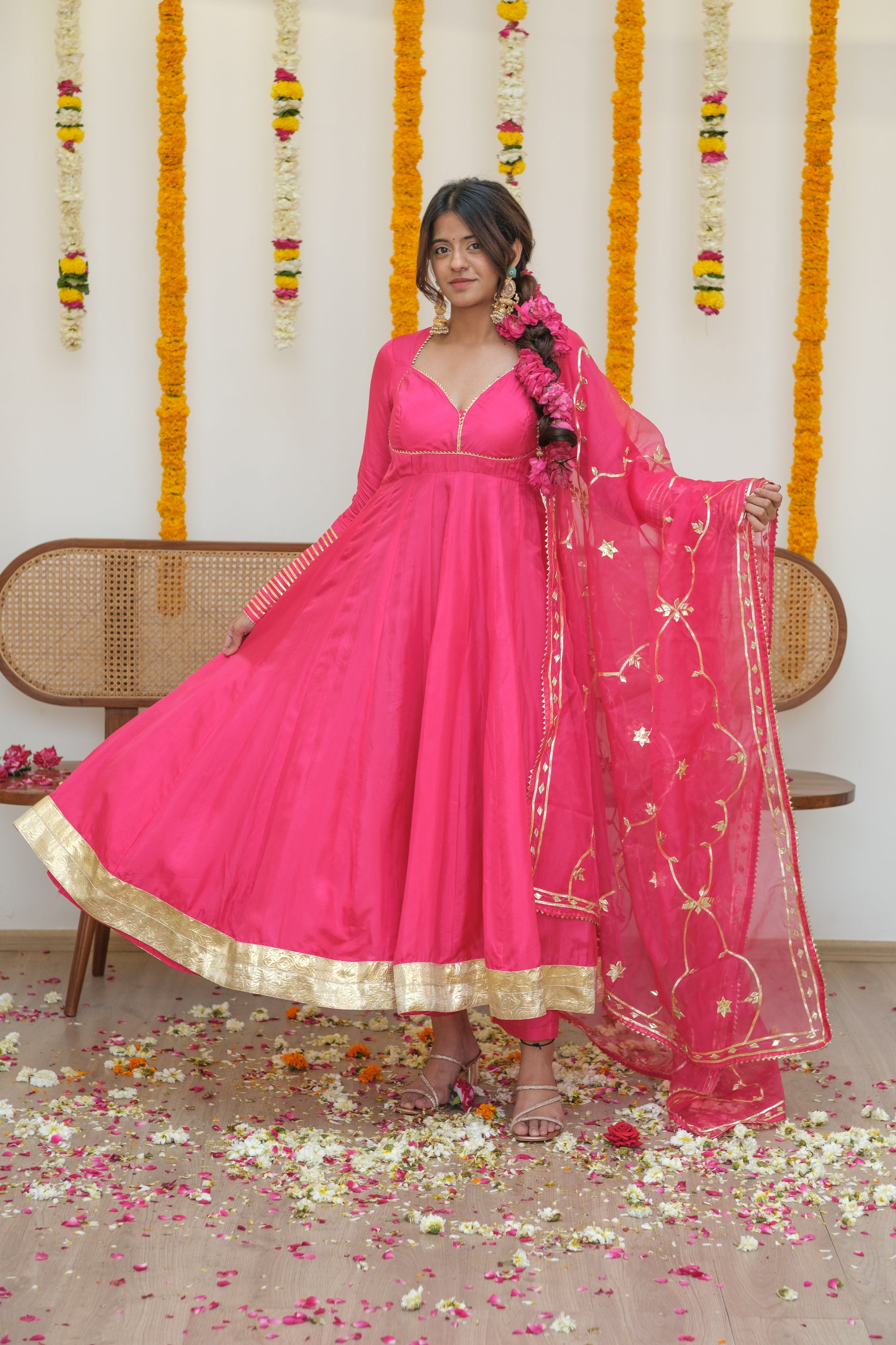 JODHAANI Rani Pink Silk Anarkali Set
