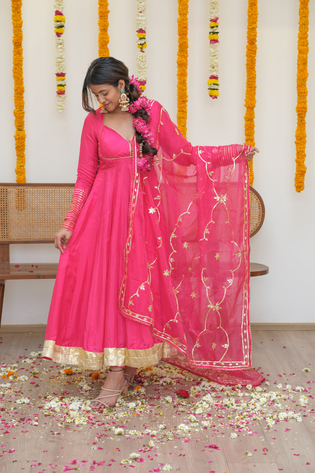 JODHAANI Rani Pink Silk Anarkali Set