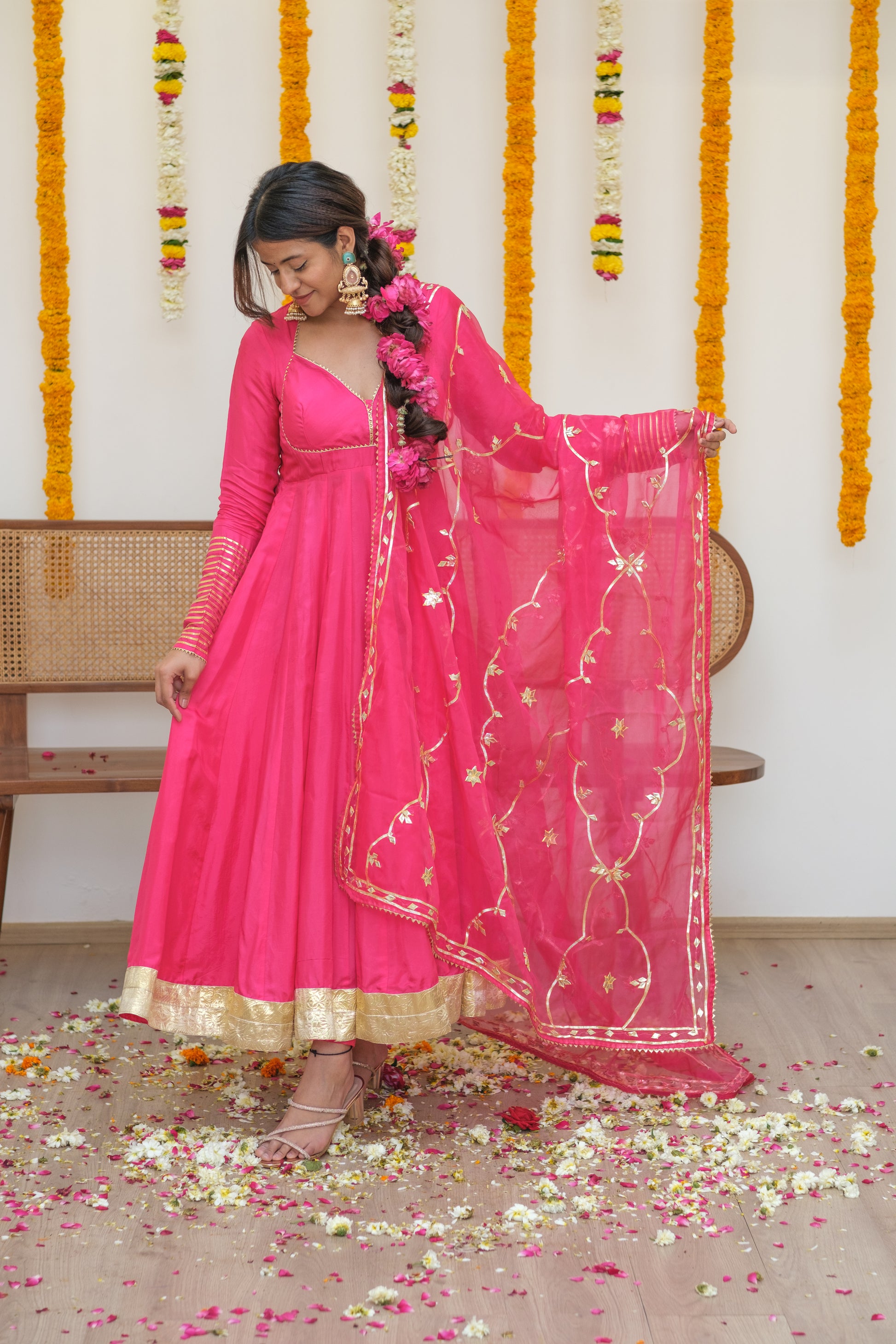 JODHAANI Rani Pink Silk Anarkali Set