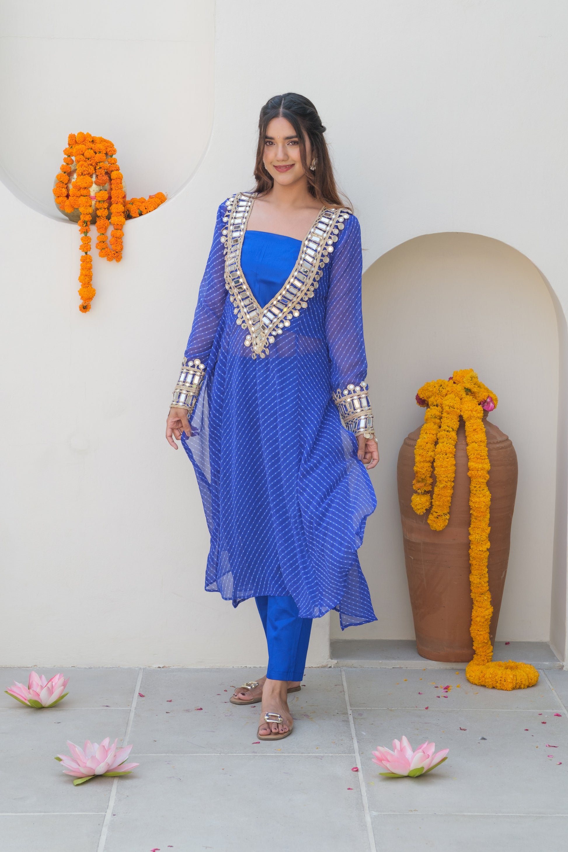AAINARI Mothda Blue Mirror Work Set