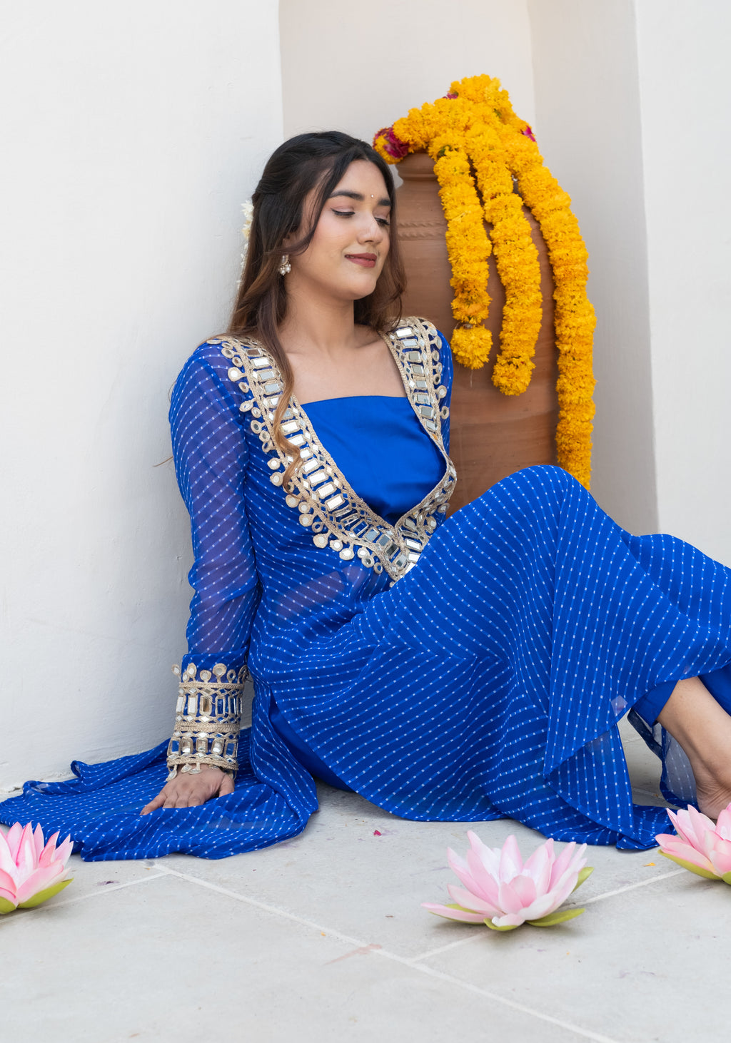 AAINARI Mothda Blue Mirror Work Set