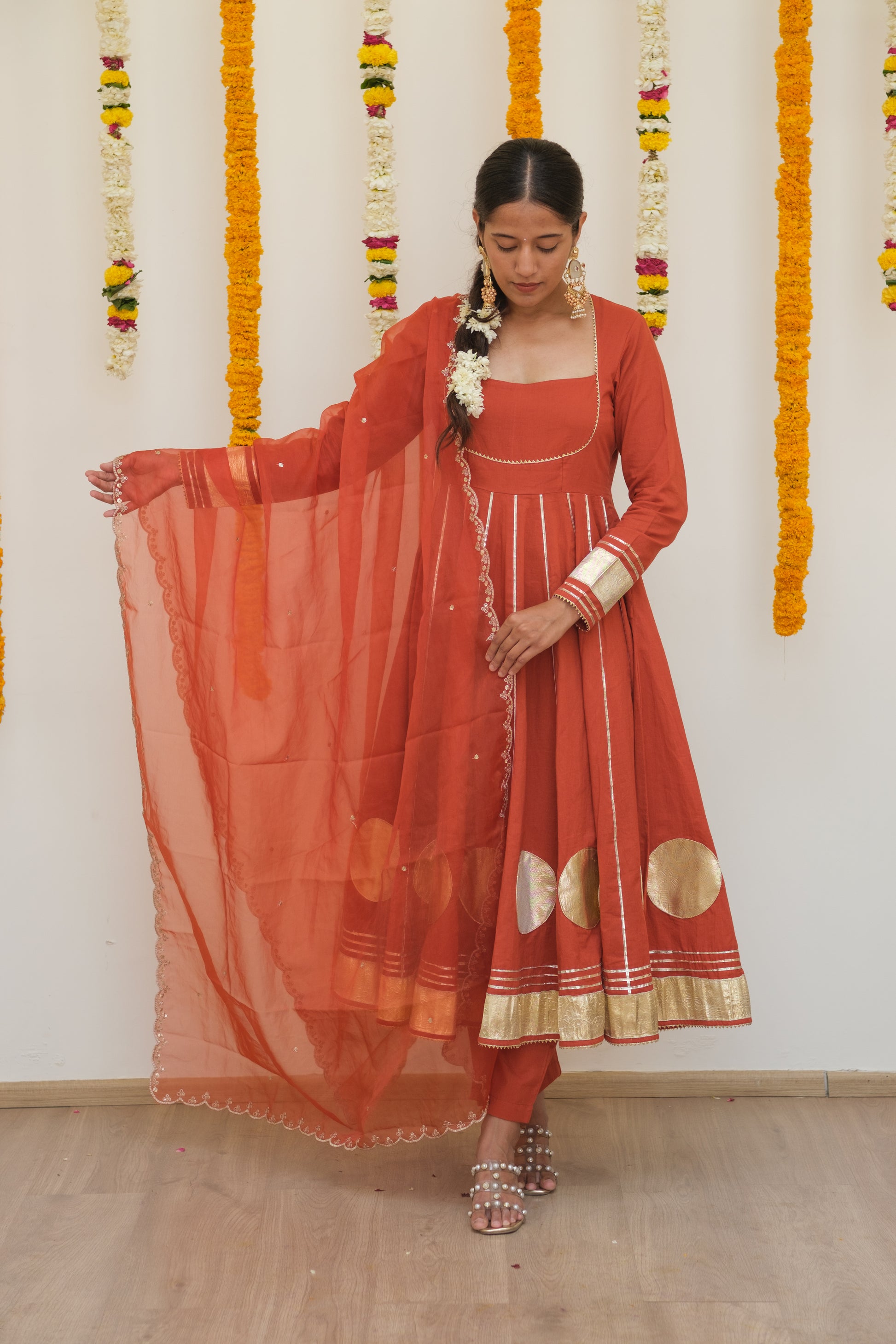 GHOOMAR Rusty Orange Anarkali Set