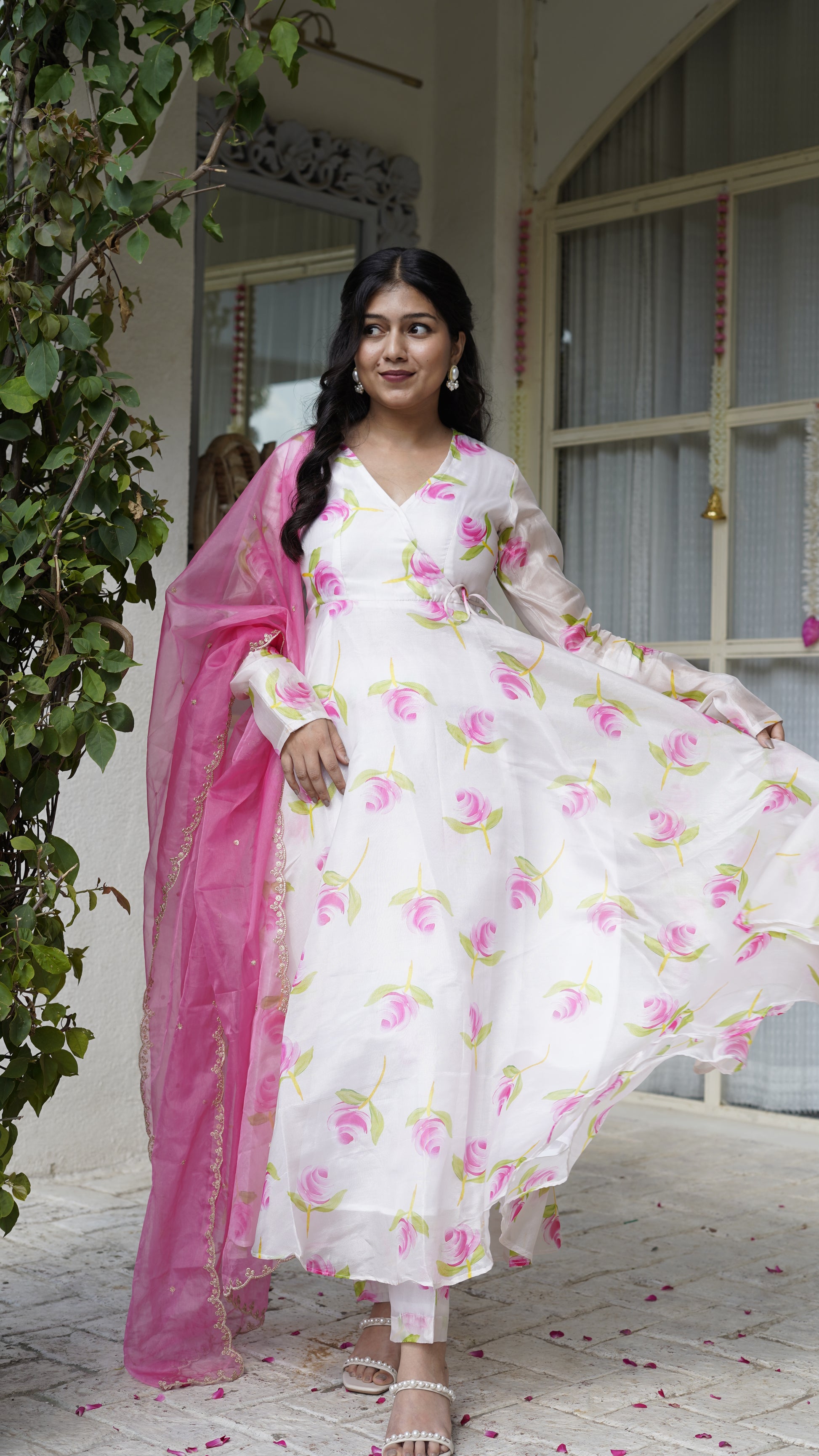 ROSETTE White Floral Angrakha Anarkali Set